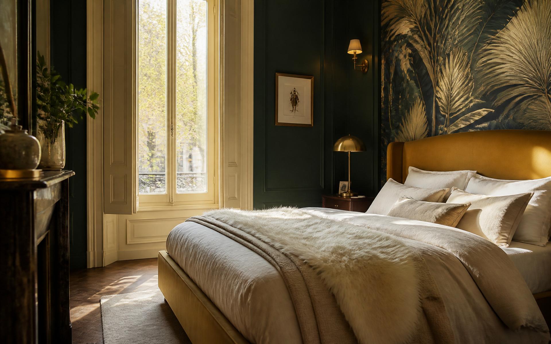 A Brussels bedroom by Camila Interiors — emerald walls, brass sconce, mustard headboard